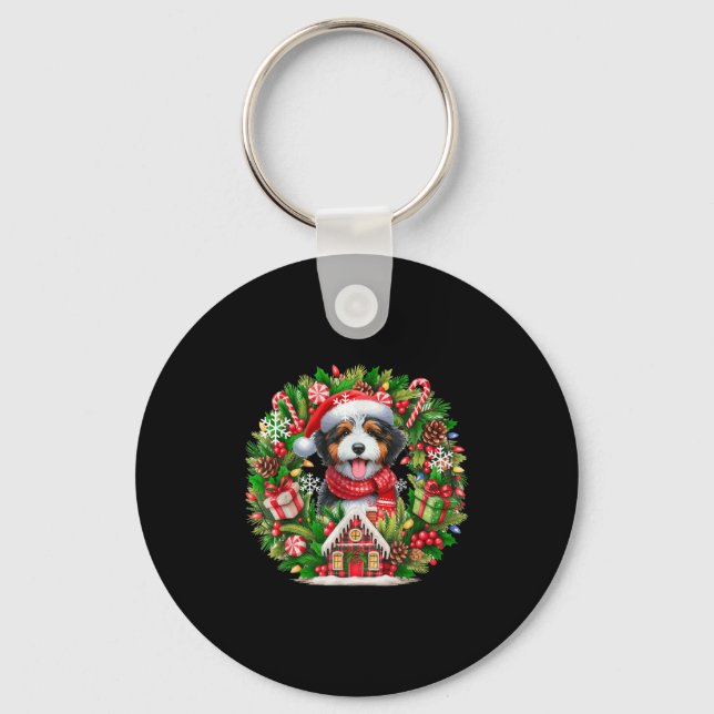 Santa Bernedoodle Christmas Floral Circle Owner Ki Key Ring (Front)