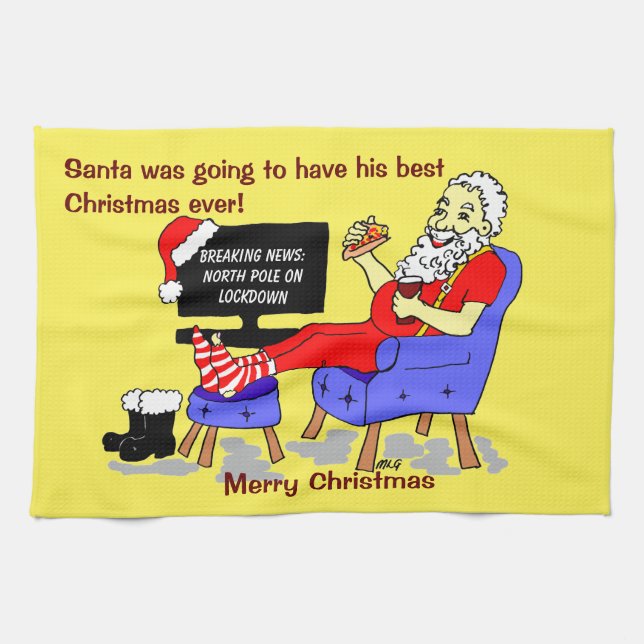 Santa Best Christmas Ever Funny Cartoon Tea Towel (Horizontal)