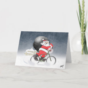 Santa bicycling with his sack in the snow. holiday card