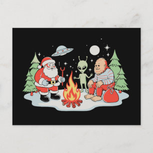 Santa Bigfoot Alien Campfire Christmas Holiday Postcard