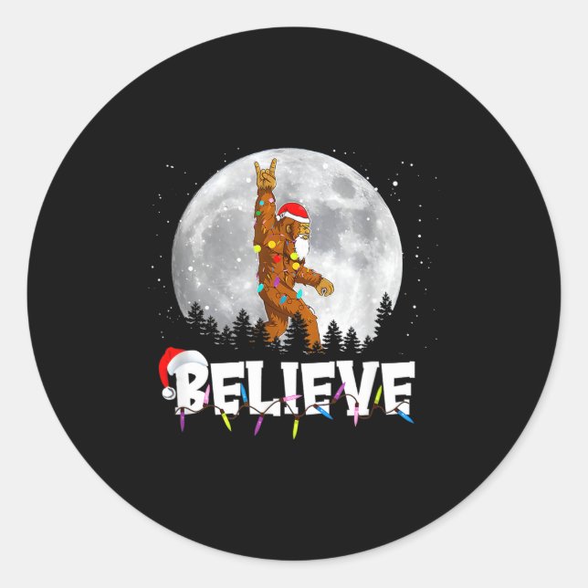 Santa Bigfoot Christmas Light Funny Believe  Classic Round Sticker (Front)