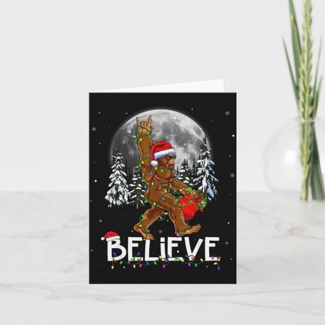 Santa Bigfoot Christmas Lights Funny Sasquatch Bel Card (Front)