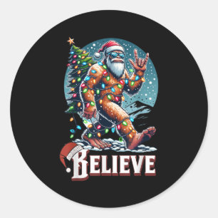 Santa Bigfoot Christmas Lights Funny Sasquatch Bel Classic Round Sticker