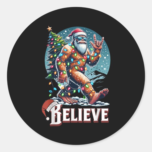 Santa Bigfoot Christmas Lights Funny Sasquatch Bel Classic Round Sticker (Front)
