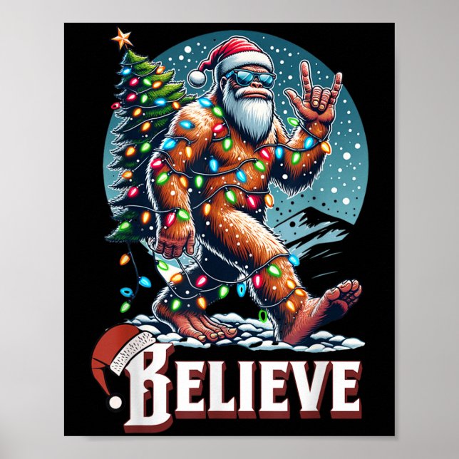 Santa Bigfoot Christmas Lights Funny Sasquatch Bel Poster (Front)