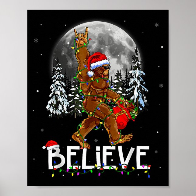 Santa Bigfoot Christmas Lights Funny Sasquatch Bel Poster (Front)