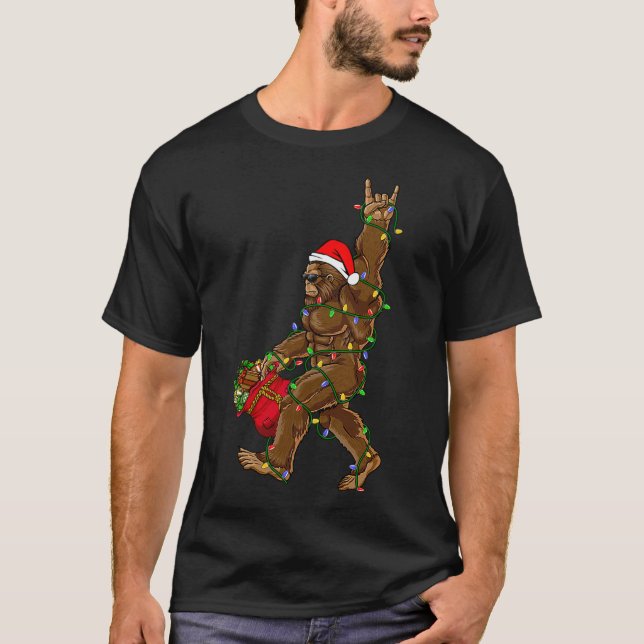 Santa Bigfoot Christmas Lights Rock Fun Sasquatch  T-Shirt (Front)