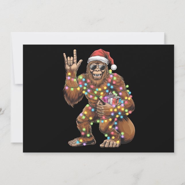 Santa Bigfoot Christmas Lights Rock Funny  Holiday Card (Front)