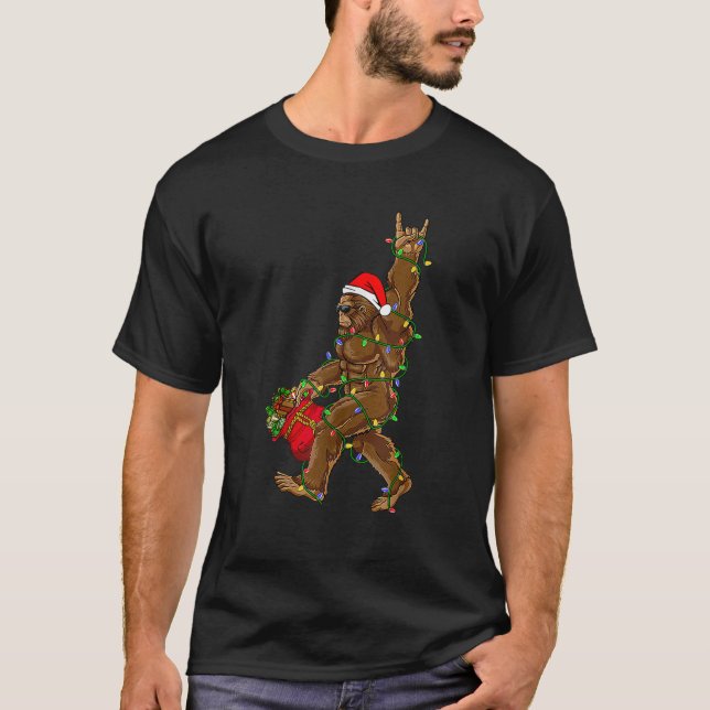 Santa Bigfoot Christmas Lights Rock Funny Sasquatc T-Shirt (Front)
