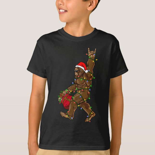 Santa Bigfoot Christmas Lights Rock Funny Sasquatc T-Shirt (Front)