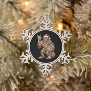 Santa Bigfoot Christmas Lights Rock Funny Snowflake Pewter Christmas Ornament