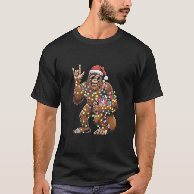 Santa Bigfoot Christmas Lights Rock Funny  T-Shirt (Front)