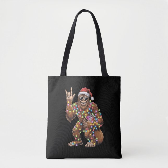 Santa Bigfoot Christmas Lights Rock Funny  Tote Bag (Front)