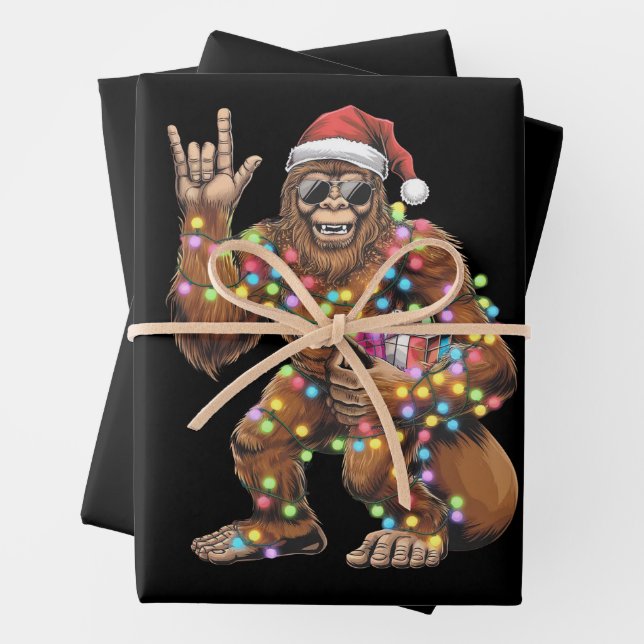 Santa Bigfoot Christmas Lights Rock Funny  Wrapping Paper Sheet (In situ)