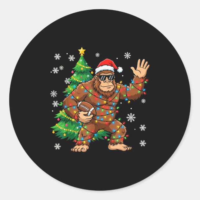 Santa Bigfoot Christmas Tree Funny Football Sasqua Classic Round Sticker (Front)