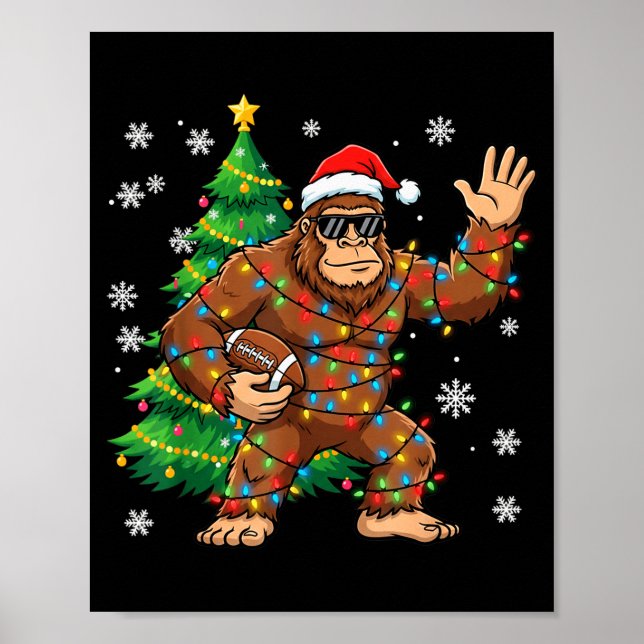 Santa Bigfoot Christmas Tree Funny Football Sasqua Poster (Front)