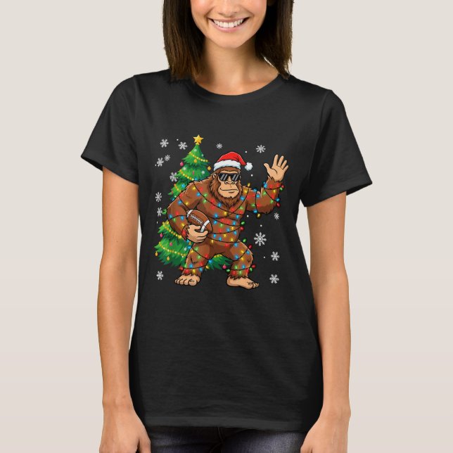 Santa Bigfoot Christmas Tree Funny Football Sasqua T-Shirt (Front)
