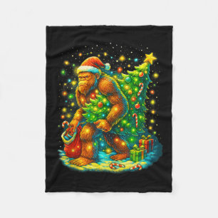 Santa Bigfoot Christmas Tree Funny Sasquatch Xmas Fleece Blanket