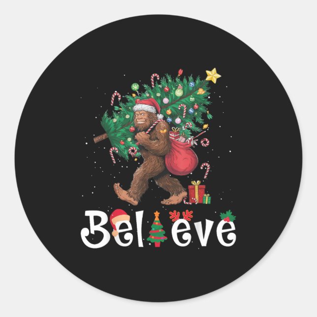 Santa Bigfoot Christmas Tree Lights Sasquatch Beli Classic Round Sticker (Front)