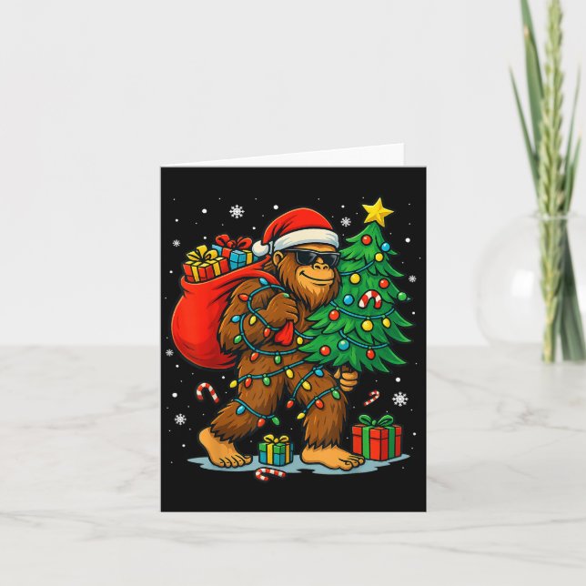 Santa Bigfoot Christmas Tree Lights Xmas Boys Men  Card (Front)