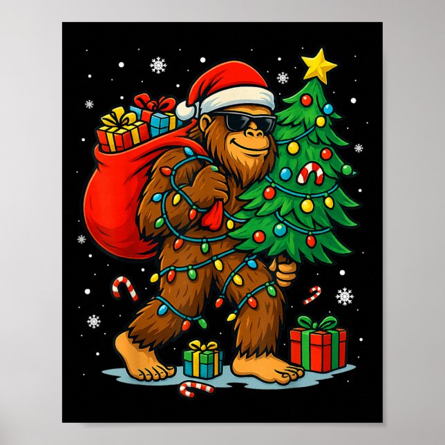 Santa Bigfoot Christmas Tree Lights Xmas Boys Men  Poster (Front)