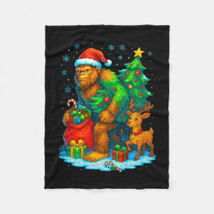 Santa Bigfoot Christmas Tree Reindeer Funny Sasqua Fleece Blanket