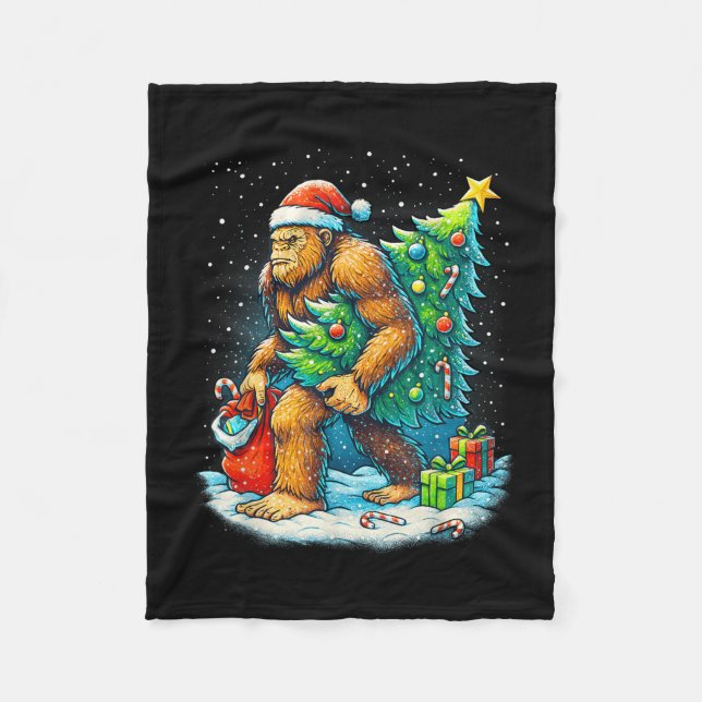 Santa Bigfoot Christmas Tree Sasquatch Xmas Lights Fleece Blanket (Front)