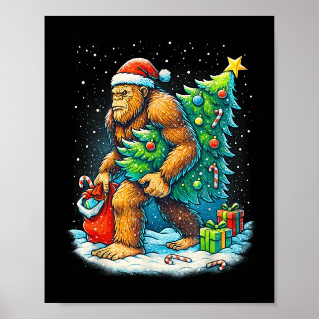 Santa Bigfoot Christmas Tree Sasquatch Xmas Lights Poster (Front)