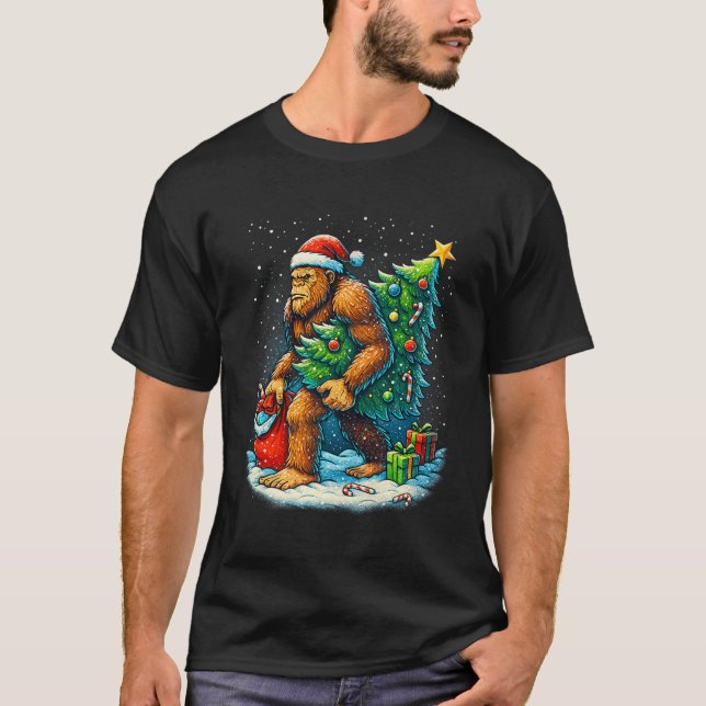 Santa Bigfoot Christmas Tree Sasquatch Xmas Lights T-Shirt (Front)