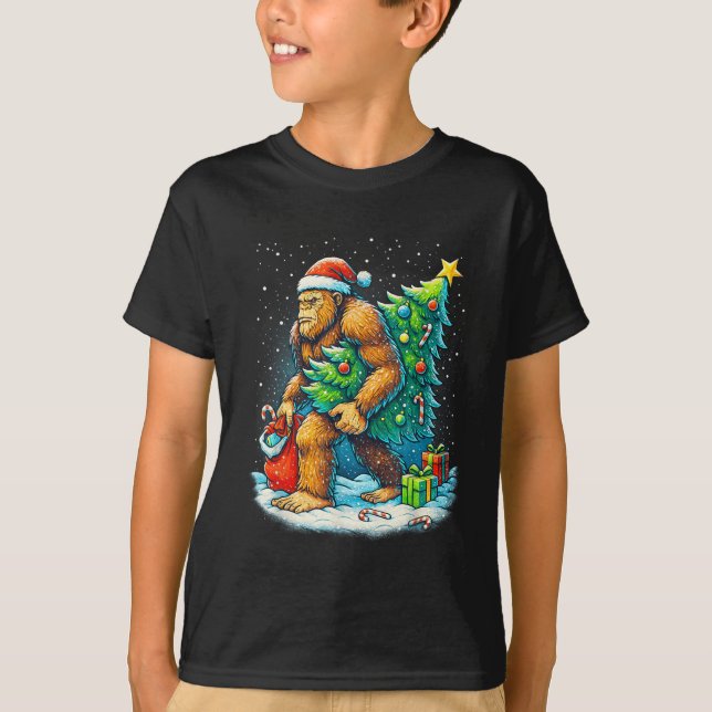 Santa Bigfoot Christmas Tree Sasquatch Xmas Lights T-Shirt (Front)