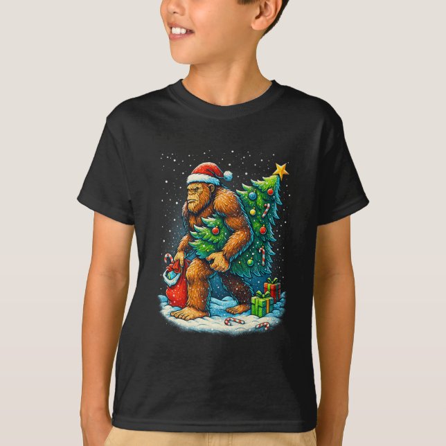 Santa Bigfoot Christmas Tree Sasquatch Xmas Lights T-Shirt (Front)