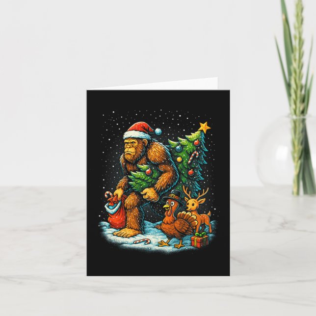 Santa Bigfoot Christmas Tree Turkey Reindeer Thank Card (Front)