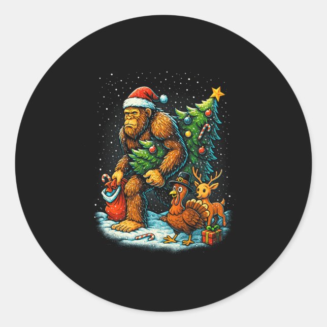 Santa Bigfoot Christmas Tree Turkey Reindeer Thank Classic Round Sticker (Front)