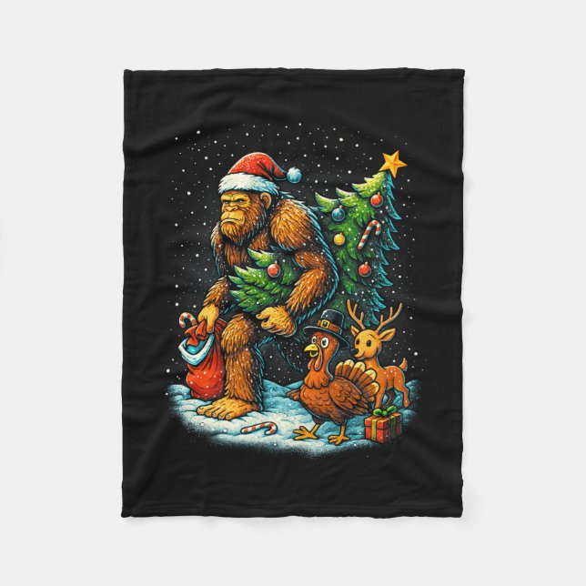 Santa Bigfoot Christmas Tree Turkey Reindeer Thank Fleece Blanket (Front)
