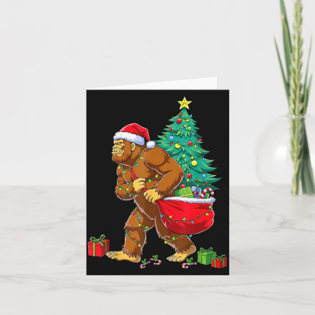 Santa Bigfoot Christmas Tree Xmas Lights Funny Sas Card (Front)