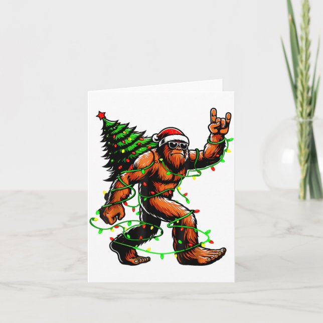 Santa Bigfoot Christmas Tree Xmas Lights Funny Sas Card (Front)