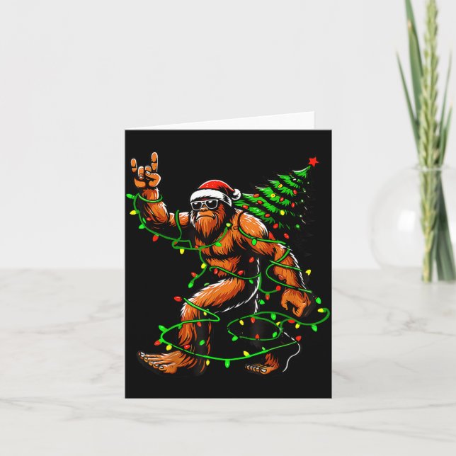 Santa Bigfoot Christmas Tree Xmas Lights Funny Sas Card (Front)