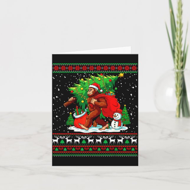Santa Bigfoot Christmas Tree Xmas Lights Funny Sas Card (Front)
