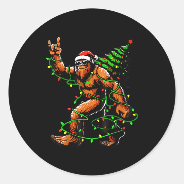 Santa Bigfoot Christmas Tree Xmas Lights Funny Sas Classic Round Sticker (Front)