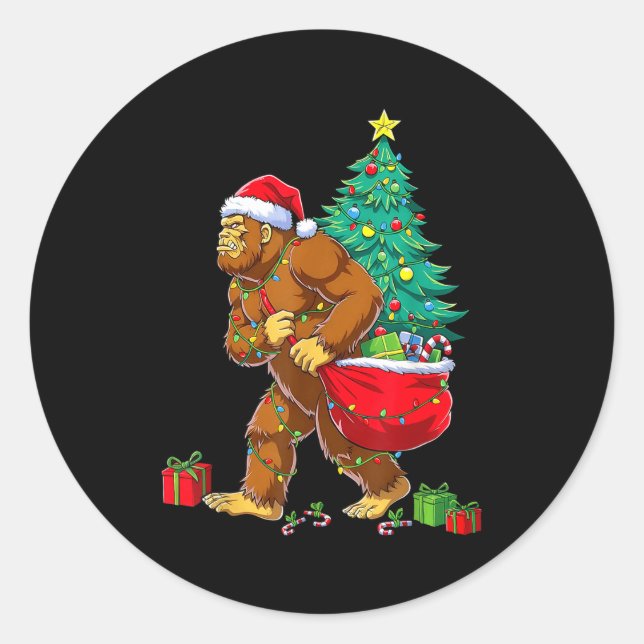 Santa Bigfoot Christmas Tree Xmas Lights Funny Sas Classic Round Sticker (Front)