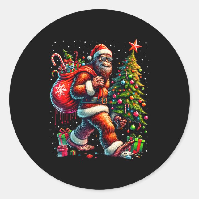 Santa Bigfoot Christmas Tree Xmas Lights Funny Sas Classic Round Sticker (Front)