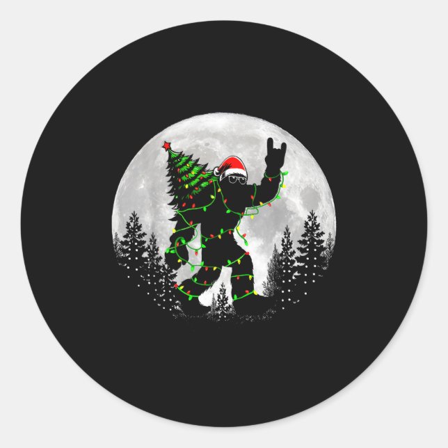 Santa Bigfoot Christmas Tree Xmas Lights Funny Sas Classic Round Sticker (Front)