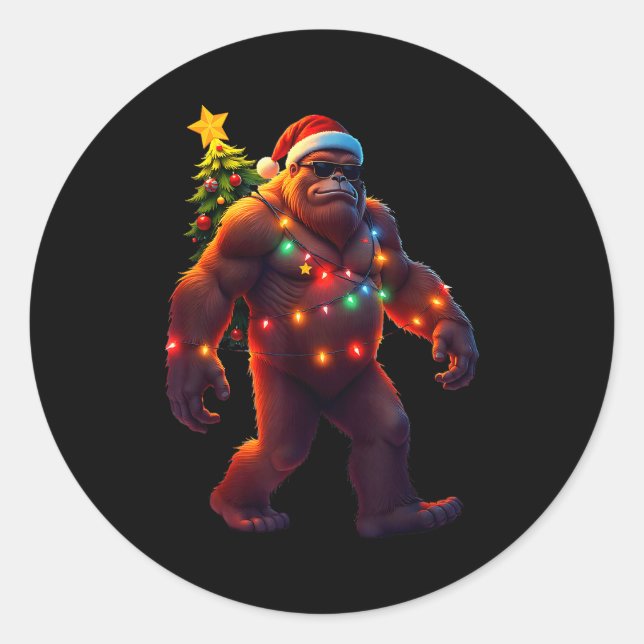Santa Bigfoot Christmas Tree Xmas Lights Funny Sas Classic Round Sticker (Front)