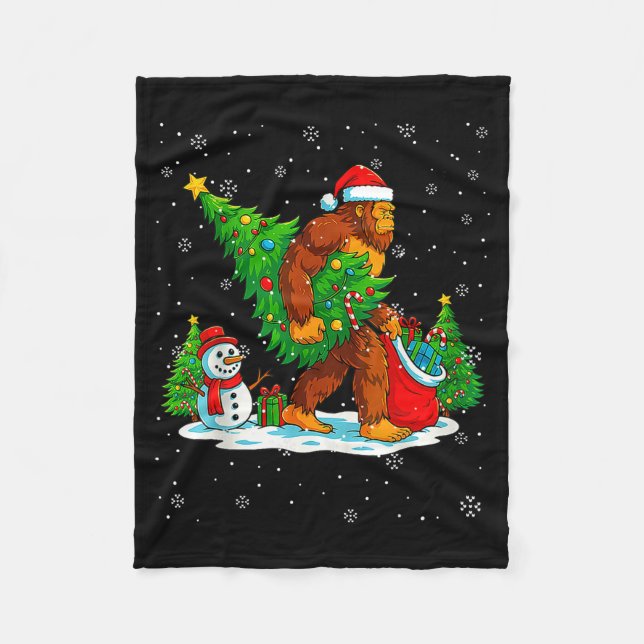 Santa Bigfoot Christmas Tree Xmas Lights Funny Sas Fleece Blanket (Front)