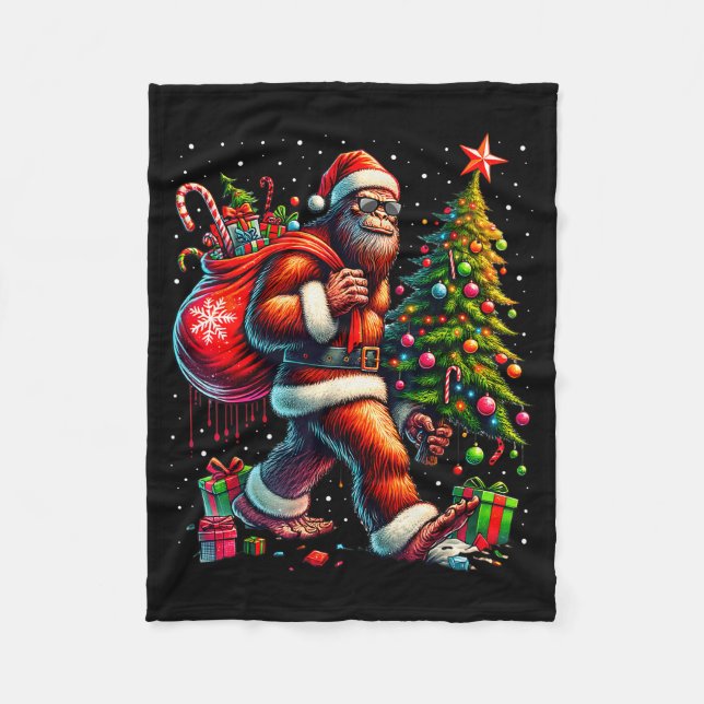 Santa Bigfoot Christmas Tree Xmas Lights Funny Sas Fleece Blanket (Front)