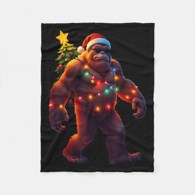 Santa Bigfoot Christmas Tree Xmas Lights Funny Sas Fleece Blanket (Front)