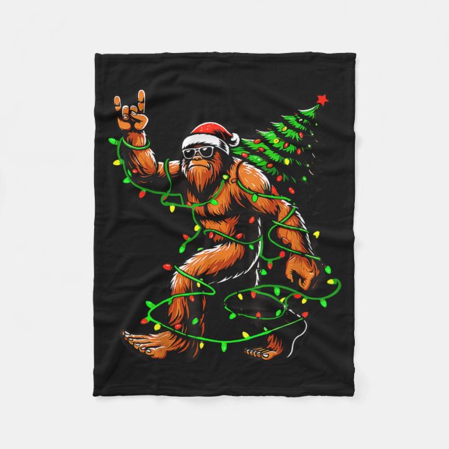 Santa Bigfoot Christmas Tree Xmas Lights Funny Sas Fleece Blanket (Front)