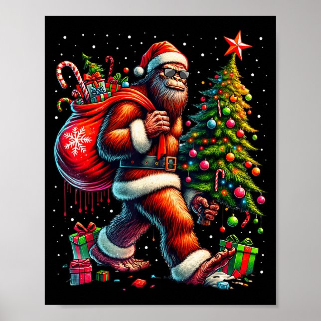 Santa Bigfoot Christmas Tree Xmas Lights Funny Sas Poster (Front)