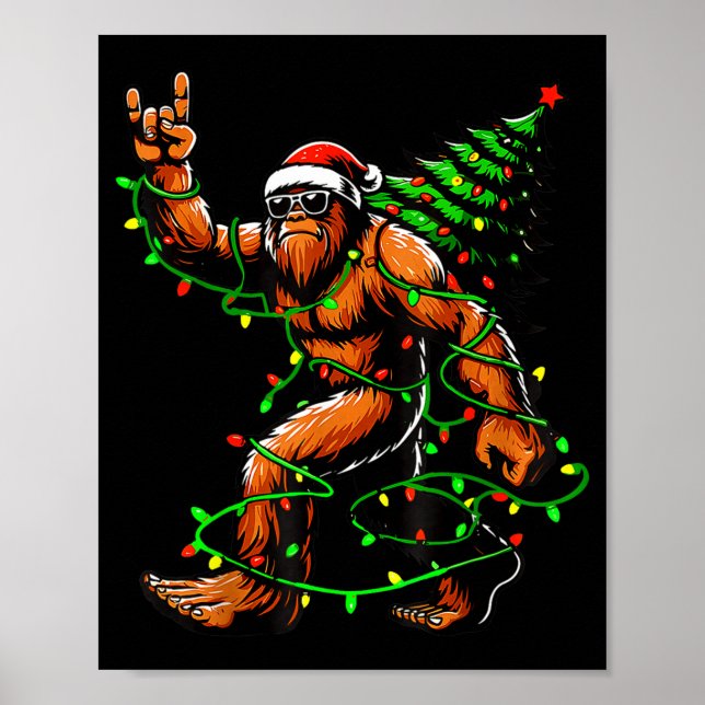 Santa Bigfoot Christmas Tree Xmas Lights Funny Sas Poster (Front)
