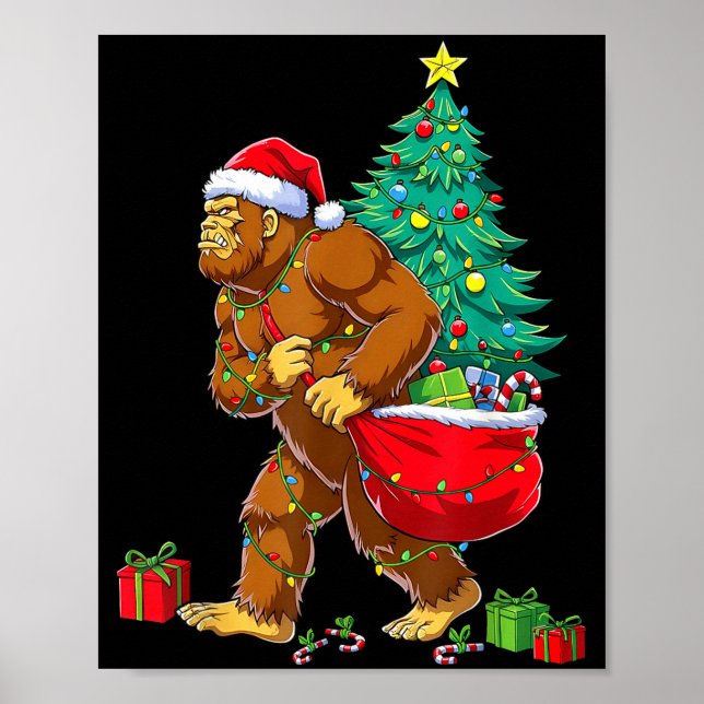 Santa Bigfoot Christmas Tree Xmas Lights Funny Sas Poster (Front)
